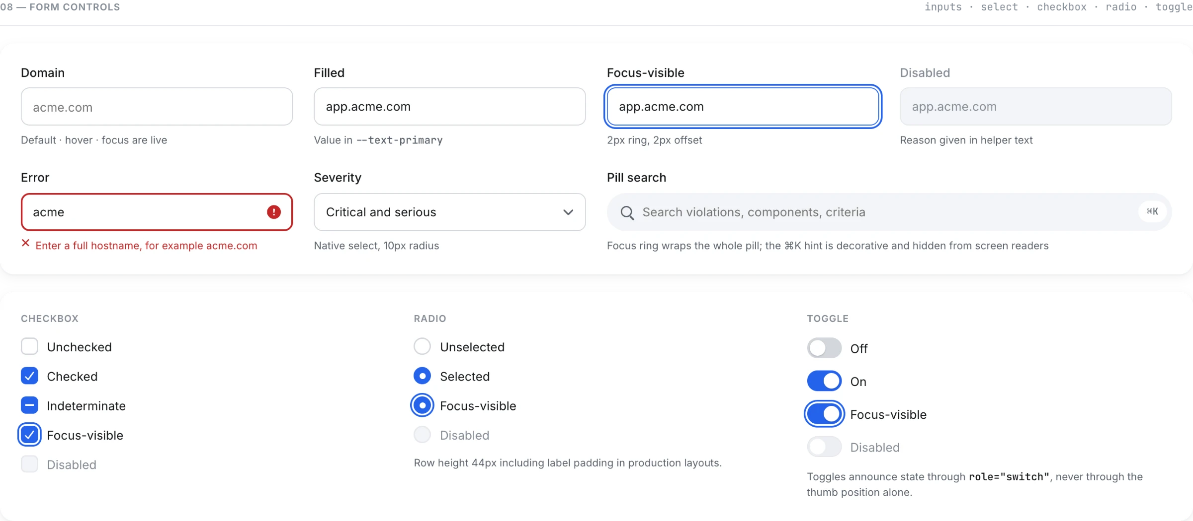 Form controls: text inputs in default, filled, focus, disabled and error states, select, pill search, checkbox, radio and toggle.
