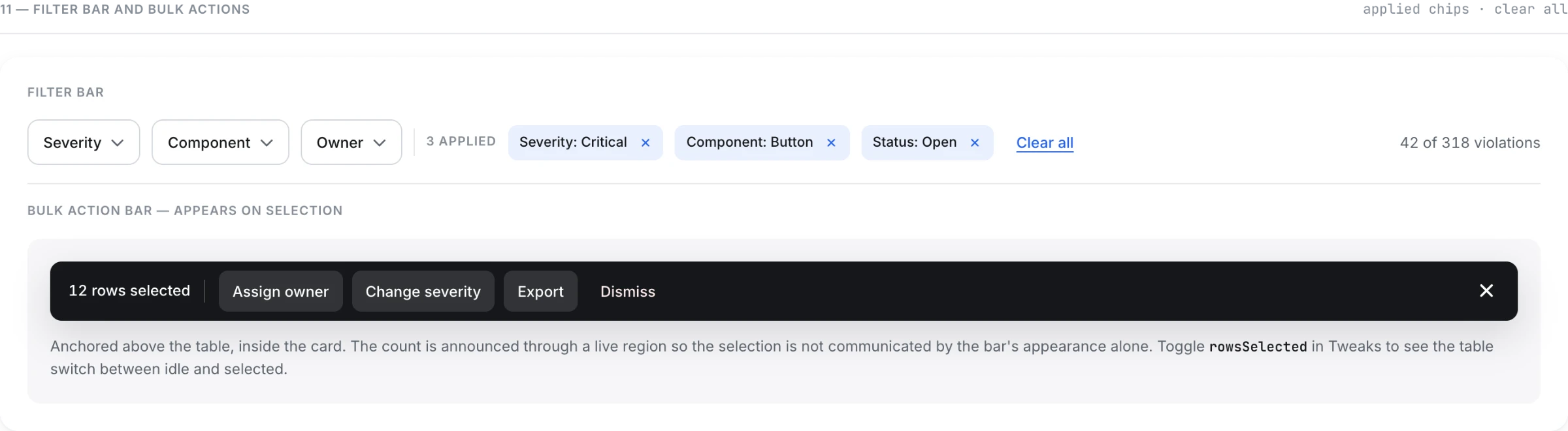 Filter bar with applied filter chips and clear all, above the bulk action bar that appears on selection.