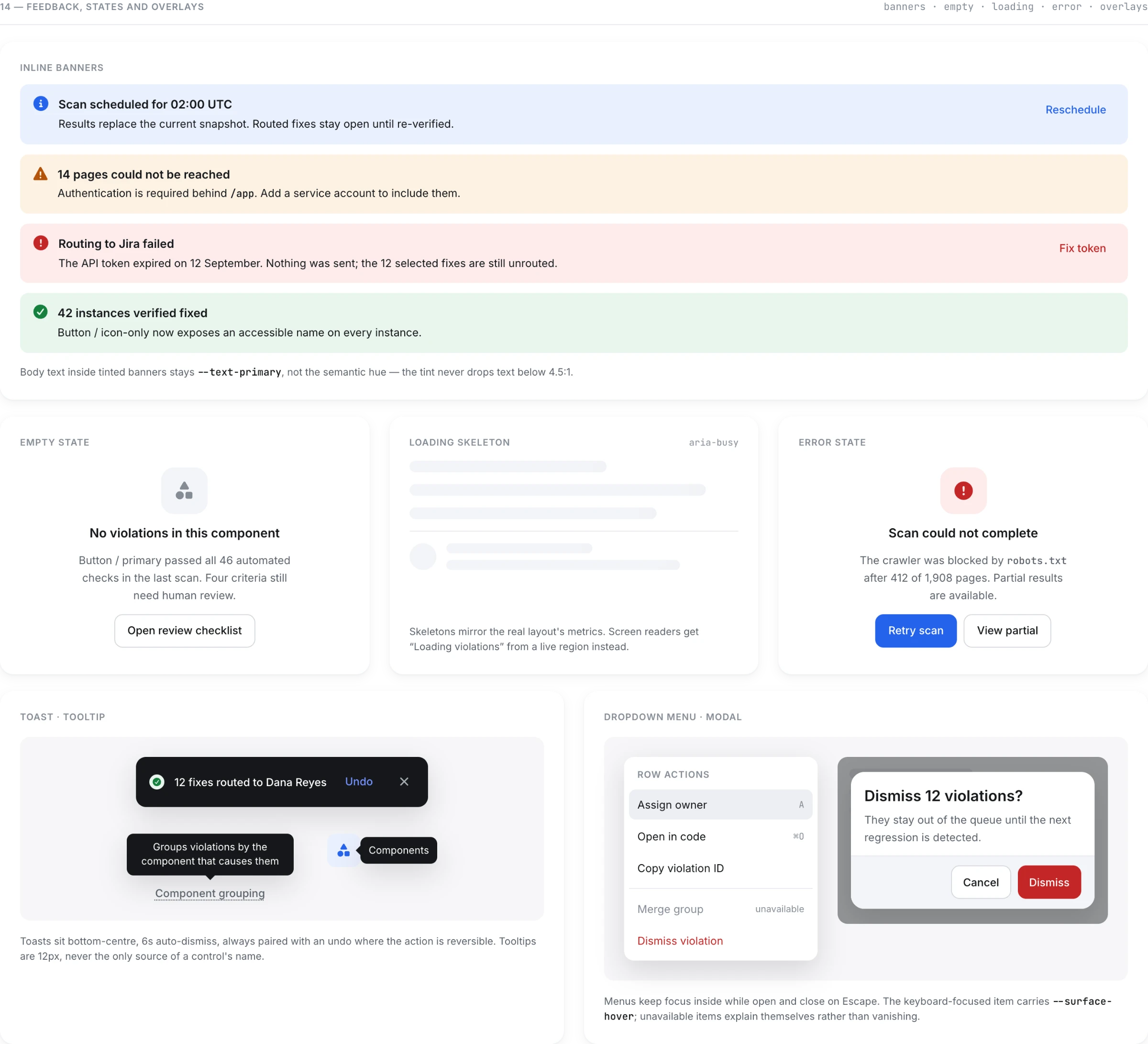 Inline banners, empty, loading and error states, toast, tooltip, dropdown menu and confirmation modal.