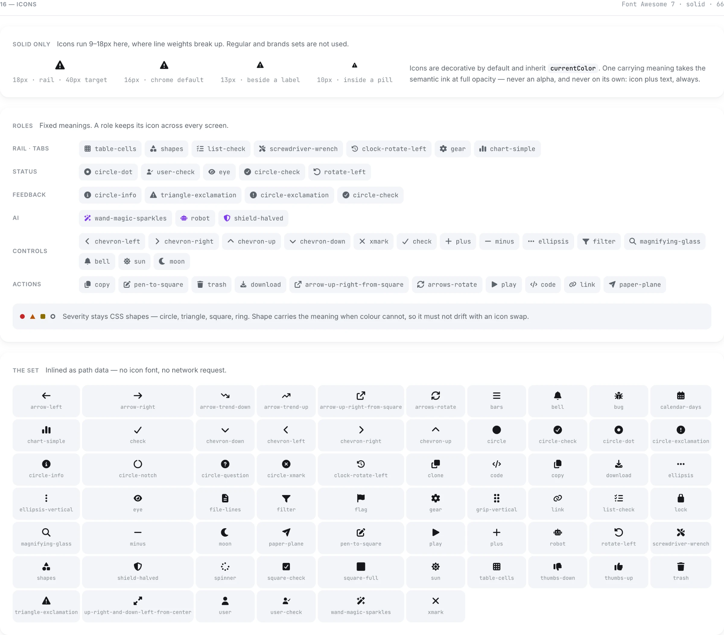 Icon set inlined as path data, with fixed role meanings for rail, status, feedback, AI, controls and actions.