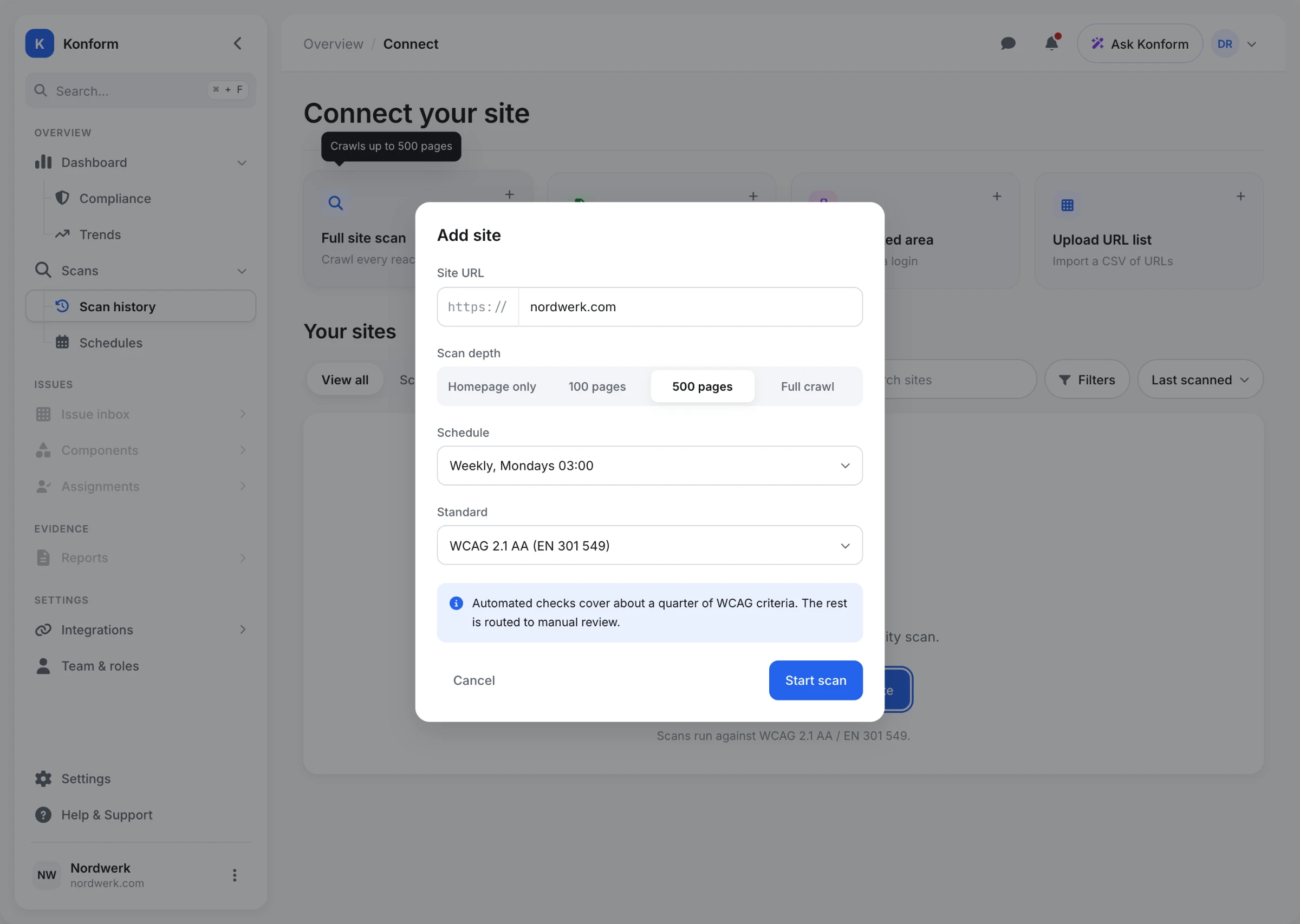 Connect your site screen with scan-type cards and an Add site dialog holding the site URL, scan depth, schedule and the WCAG 2.1 AA standard.