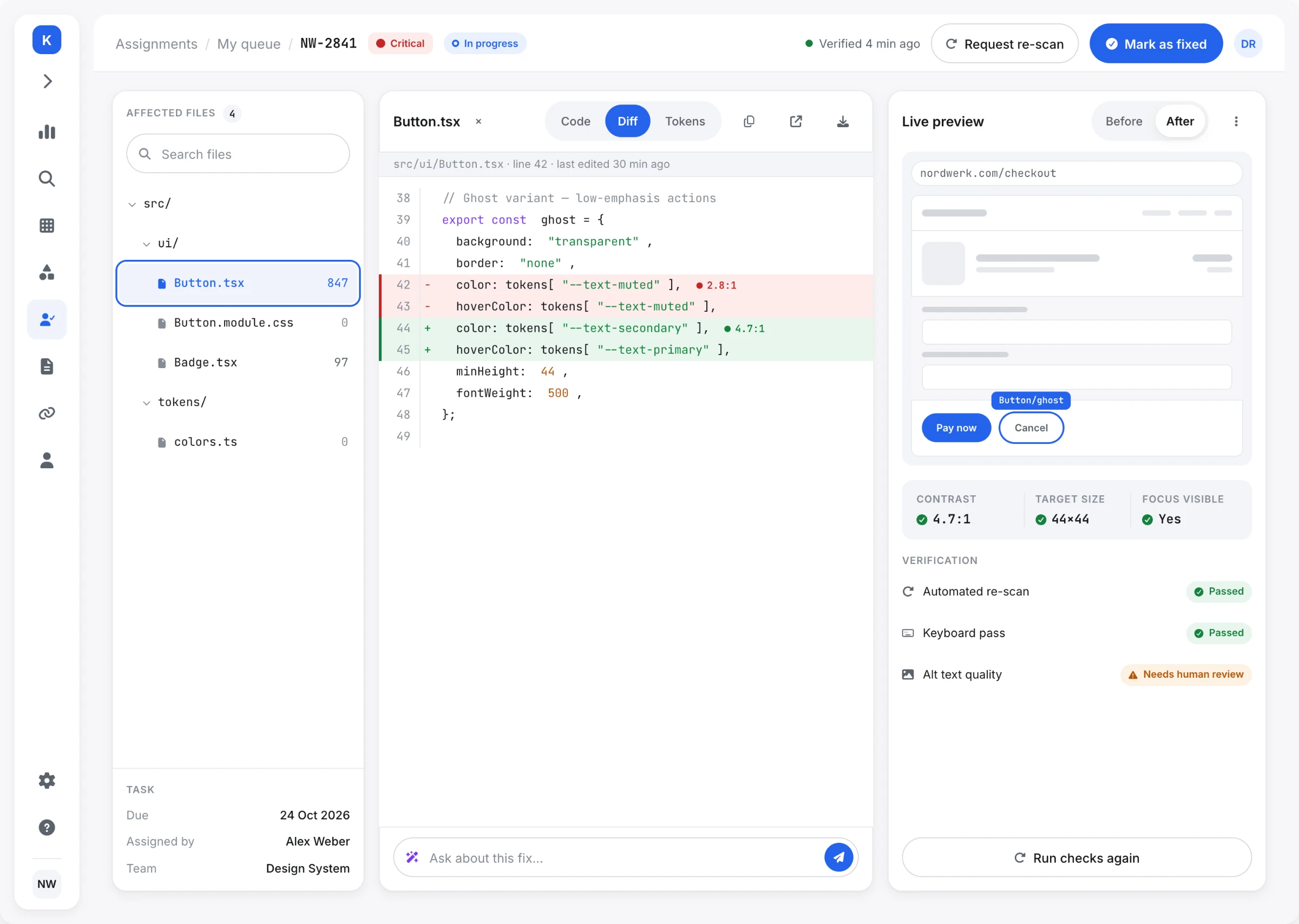 Developer fix view with a collapsed icon rail, the affected files list, the Button.tsx diff at line 42 changing the text token, and a live checkout preview with contrast, target size and verification results.