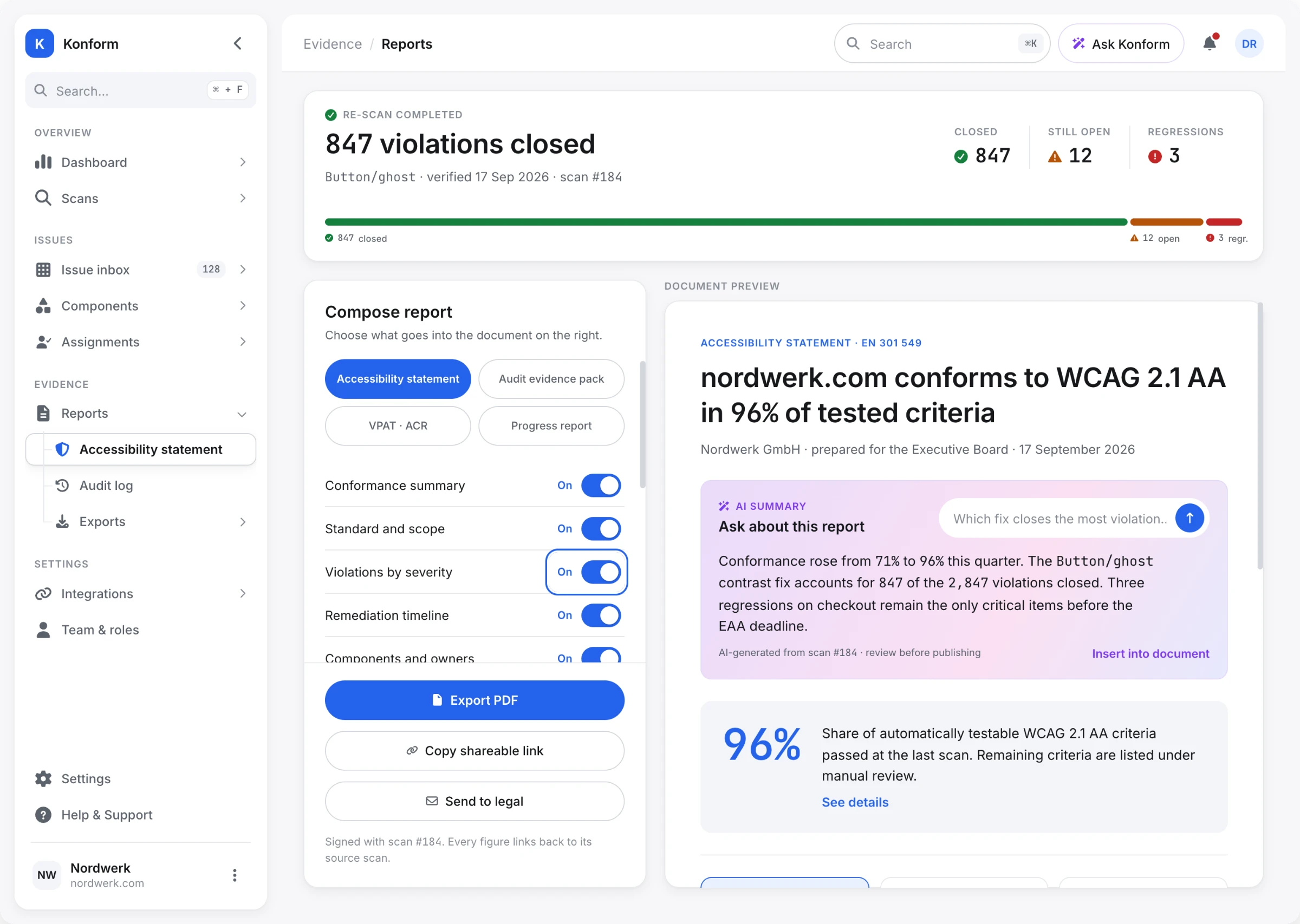Report export screen: a re-scan summary of 847 closed, 12 open and 3 regressions, section toggles for composing the report, and a live preview of the accessibility statement signed with scan #184.