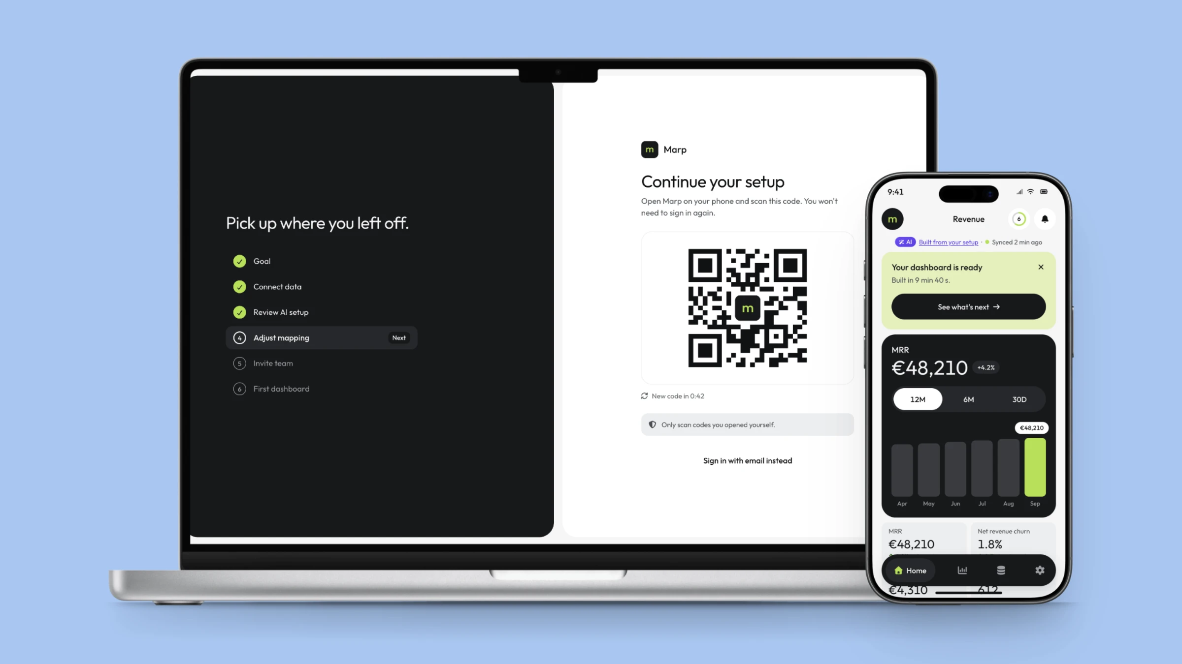 Marp on a laptop and a phone: the desktop setup screen with a QR code to continue on mobile, next to the mobile revenue dashboard showing MRR of €48,210