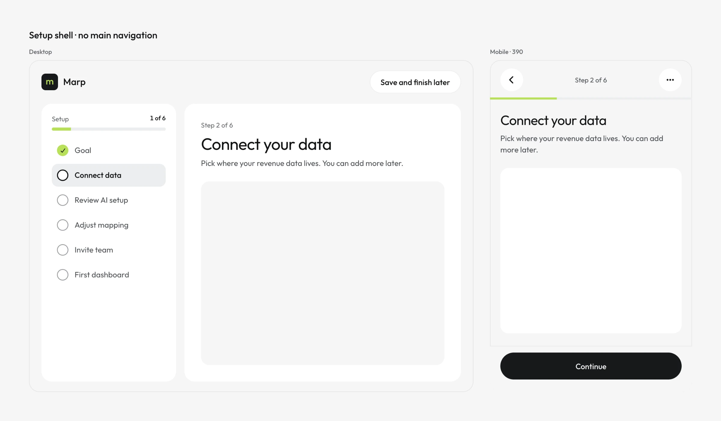 Setup shell on desktop and mobile: the desktop version has only the Marp logo, a Save and finish later button and a left rail of six setup steps with a progress bar; the mobile version has a back button, Step 2 of 6, a lime progress line and a full-width Continue button.