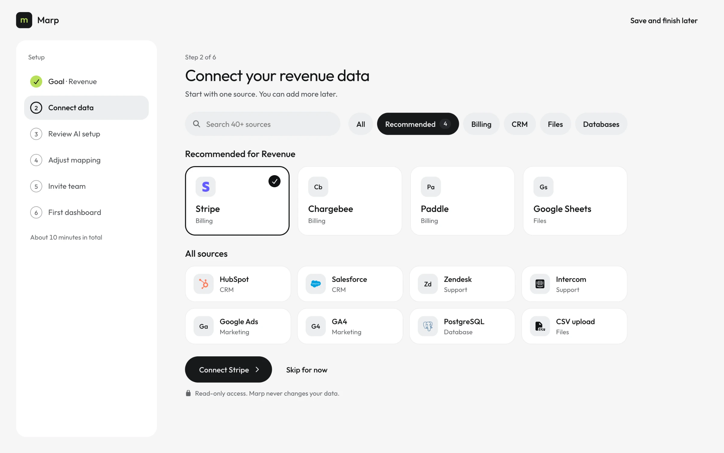 Step 2 of 6, connect your revenue data: Stripe, Chargebee, Paddle and Google Sheets recommended for Revenue with Stripe selected, eight more sources below, and a Connect Stripe button with a read-only access note.