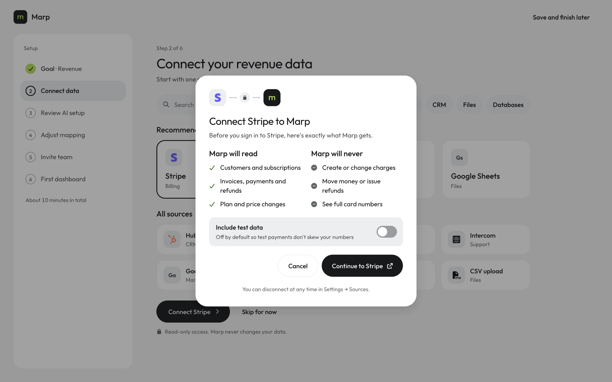 Connect Stripe to Marp modal: Marp will read customers, subscriptions, invoices, payments, refunds and plan changes; Marp will never create or change charges, move money or see full card numbers; an Include test data toggle is off by default.