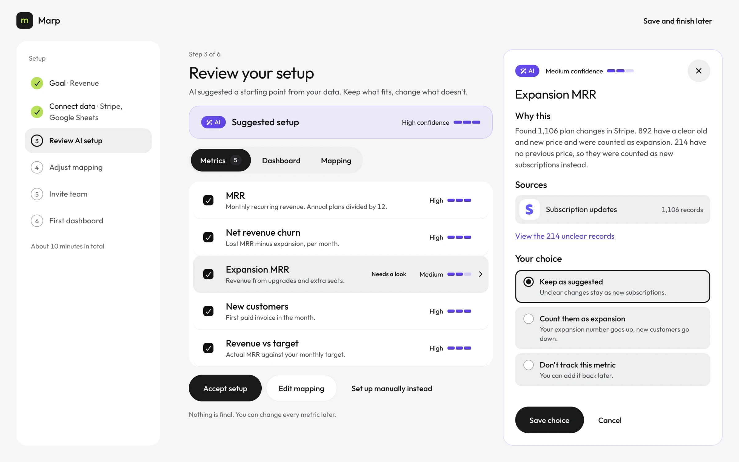 Review your setup with five AI-proposed metrics; Expansion MRR is marked Medium and Needs a look, and its side panel explains 1,106 plan changes, 892 counted as expansion and 214 counted as new, with three choices and a Save choice button.