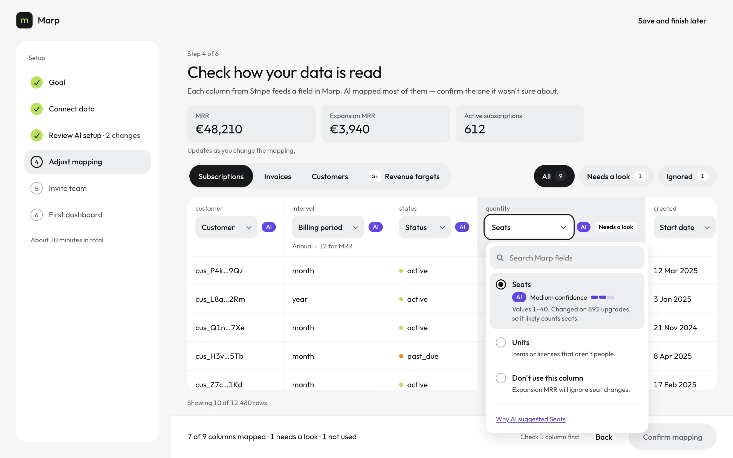 Field menu opened on the quantity column: single-choice options Seats (AI, medium confidence, values 1 to 40 changed on 892 upgrades), Units, and Don't use this column, with a Why AI suggested Seats link.