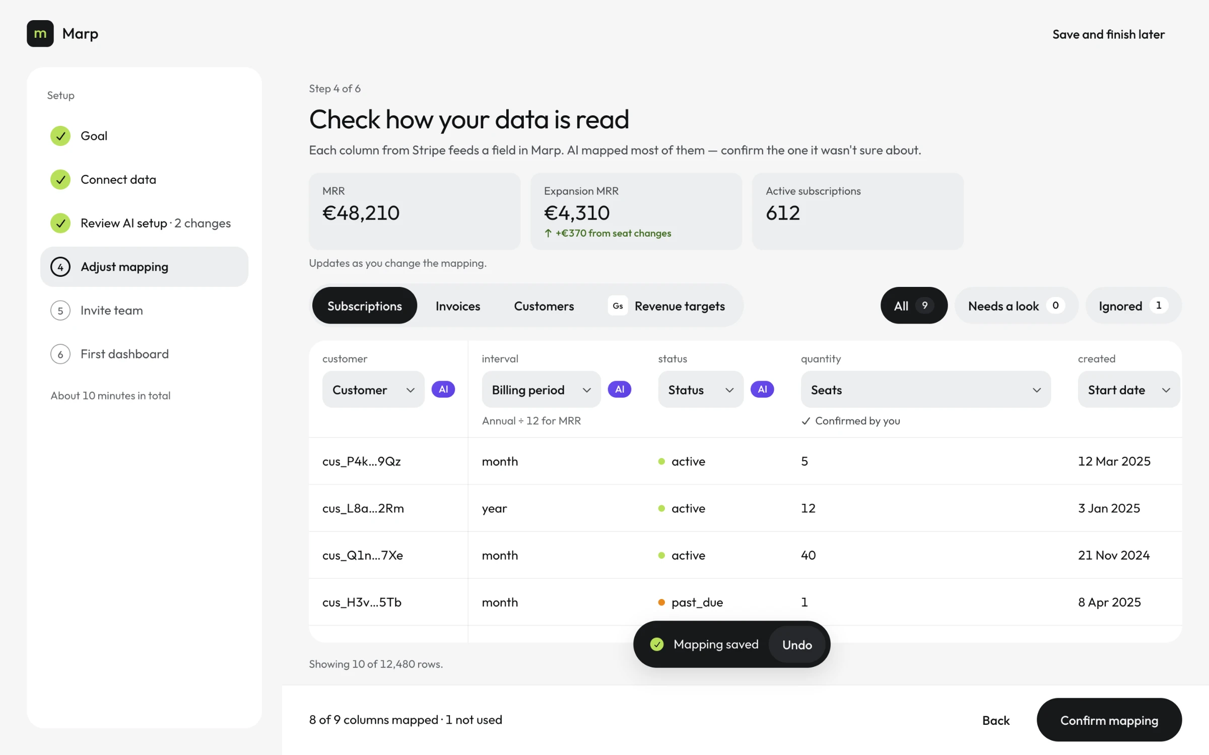 Mapping after confirmation: quantity confirmed as Seats, expansion MRR now €4,310 with +€370 from seat changes, a Mapping saved toast with Undo, and Confirm mapping enabled with 8 of 9 columns mapped.