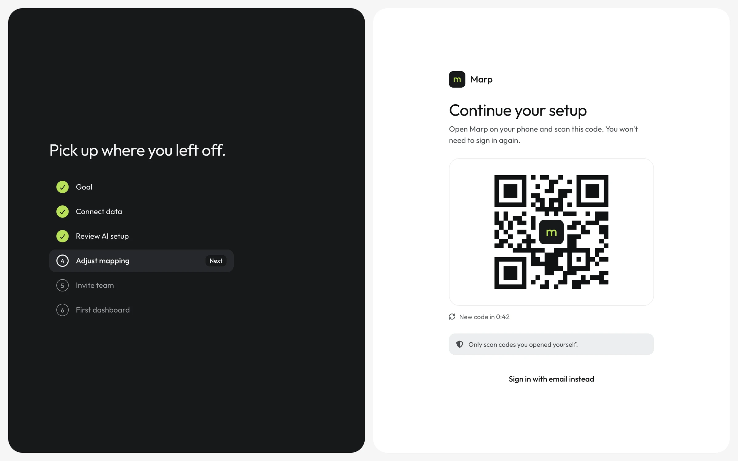 Desktop scan page at marp.app/go: a dark panel lists the setup steps with Adjust mapping marked Next; the right side shows a QR code, a new code in 0:42 and the warning Only scan codes you opened yourself.