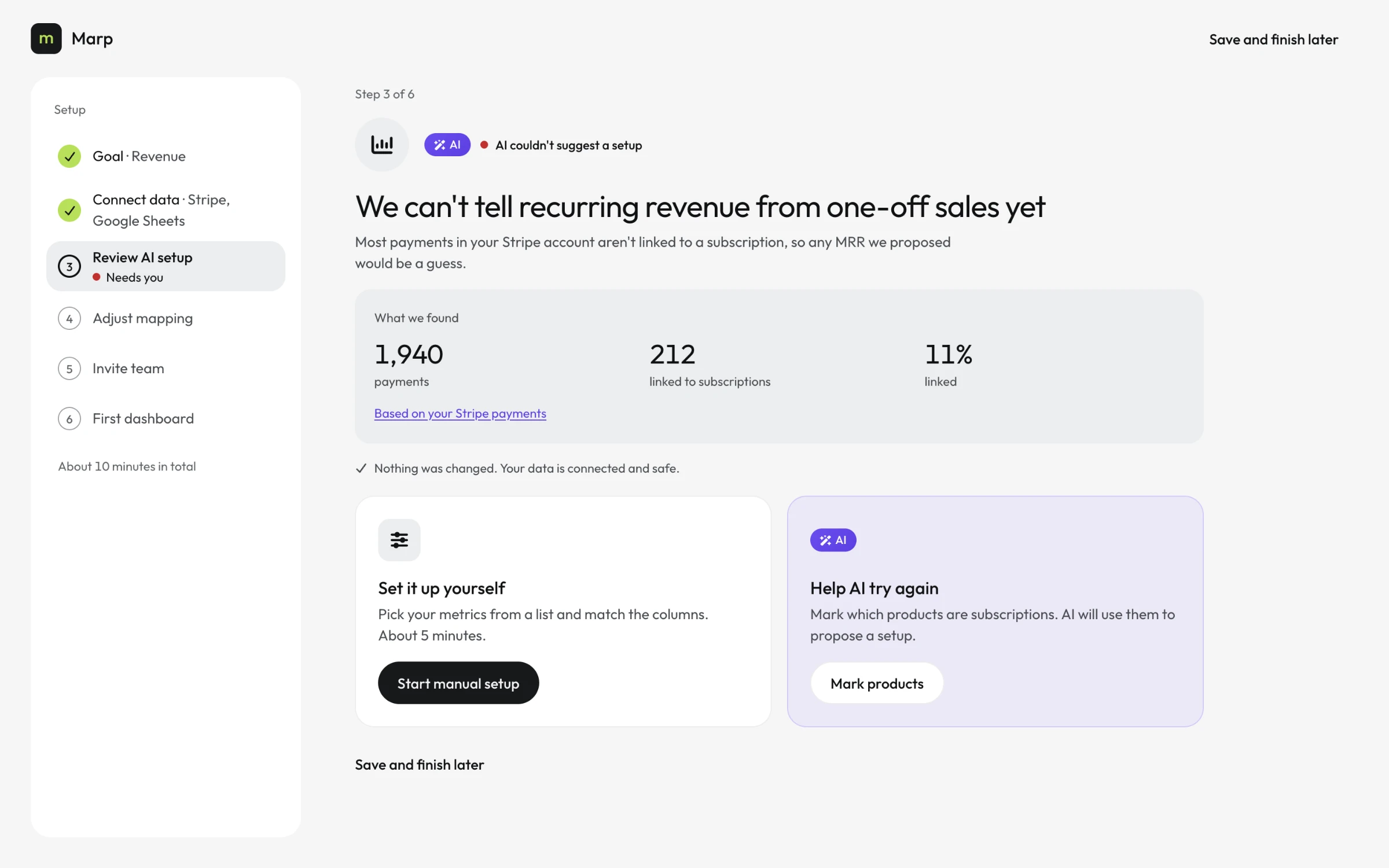 AI couldn't suggest a setup: we can't tell recurring revenue from one-off sales yet, with 1,940 payments, 212 linked to subscriptions, 11% linked; a Set it up yourself card with Start manual setup and a violet Help AI try again card with Mark products.
