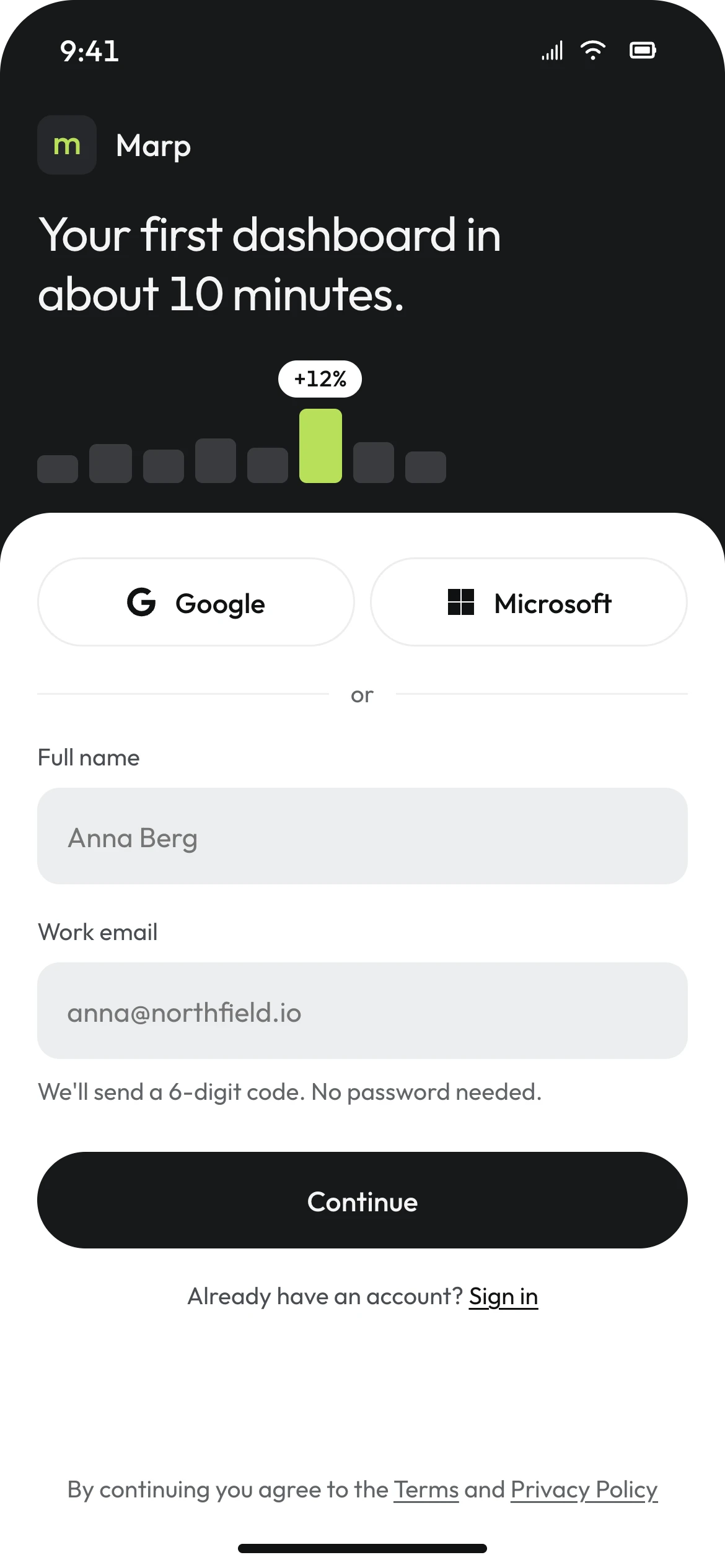 Mobile sign-up: the dark header promises a first dashboard in about 10 minutes; below, Google and Microsoft buttons, full name and work email fields, and a Continue button.