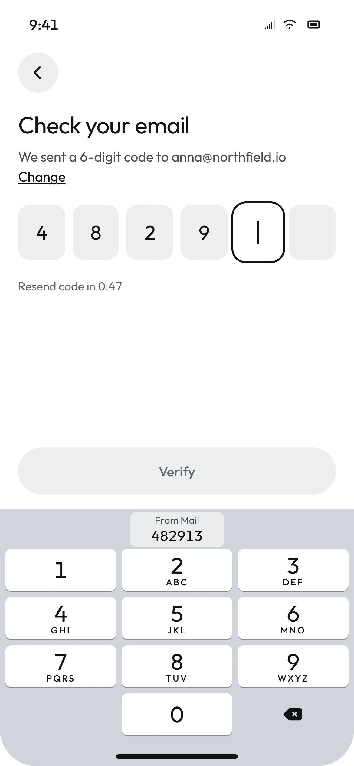 Check your email screen with four of six code digits entered and the iOS keyboard offering the code 482913 from Mail.