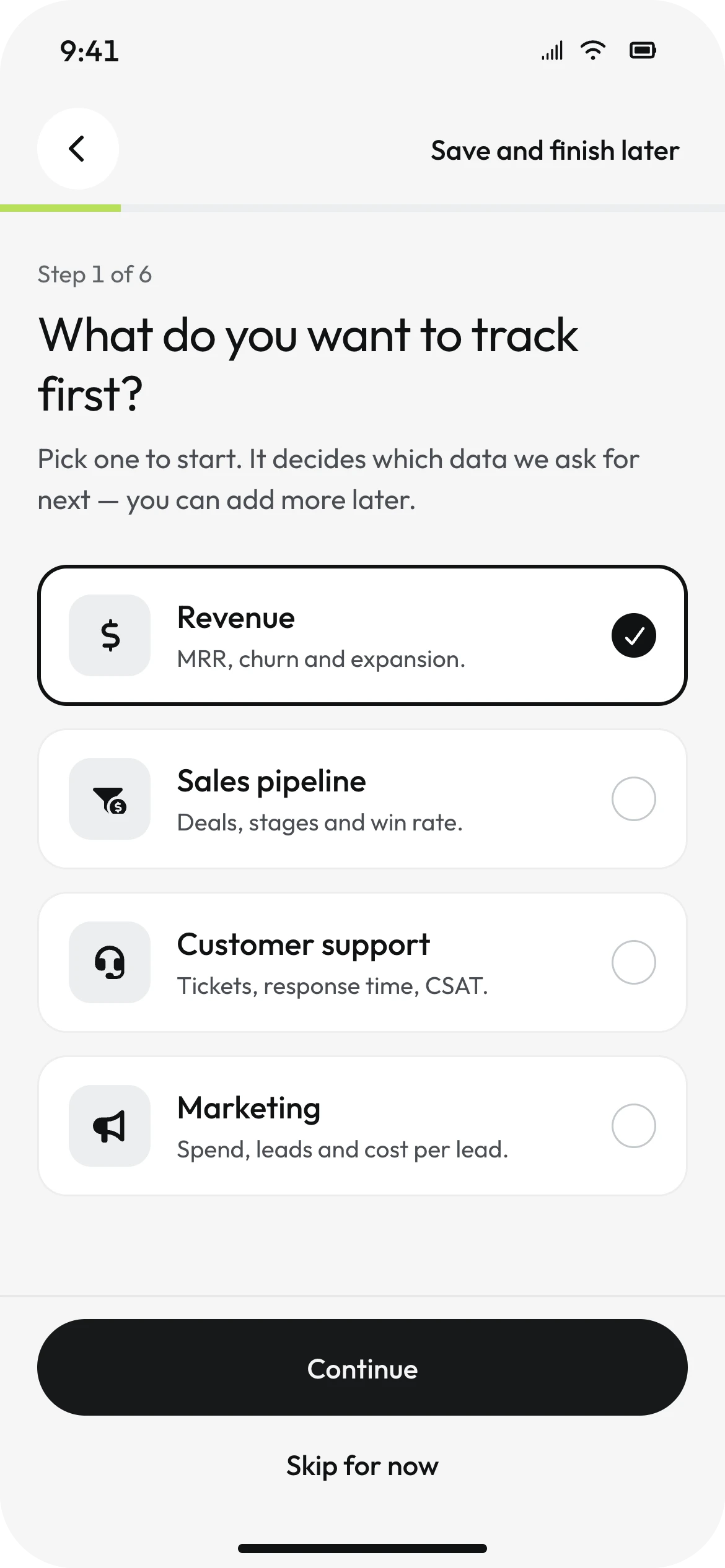 Step 1 of 6: What do you want to track first? Four goal cards - Revenue selected, Sales pipeline, Customer support and Marketing - with a Continue button.