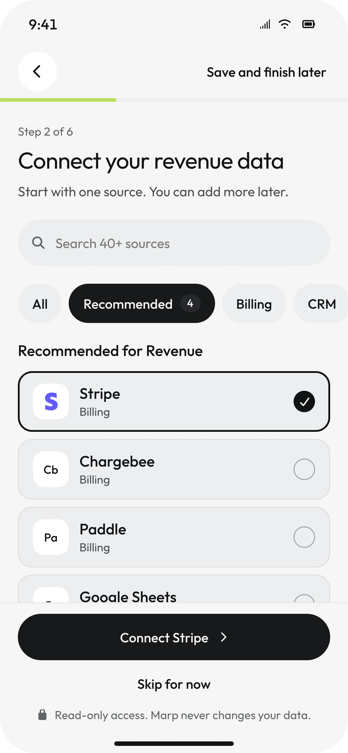 Mobile source list with Stripe selected among recommended sources and a Connect Stripe button.