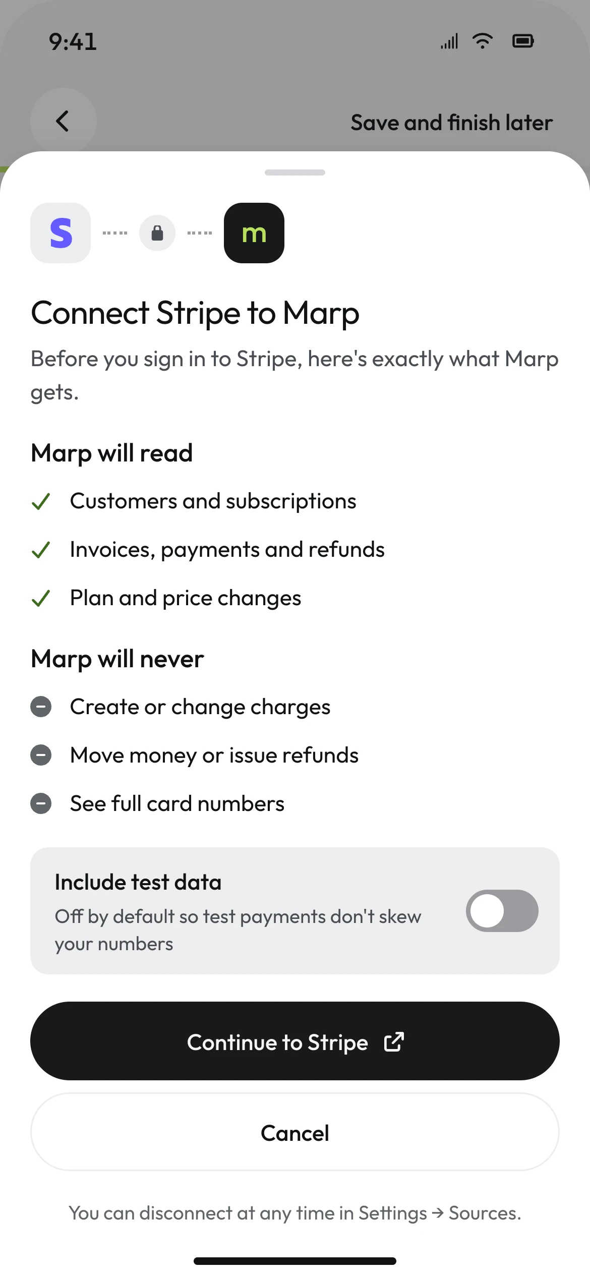 Mobile permission sheet listing what Marp will read and will never do, with the test data toggle off and Continue to Stripe.