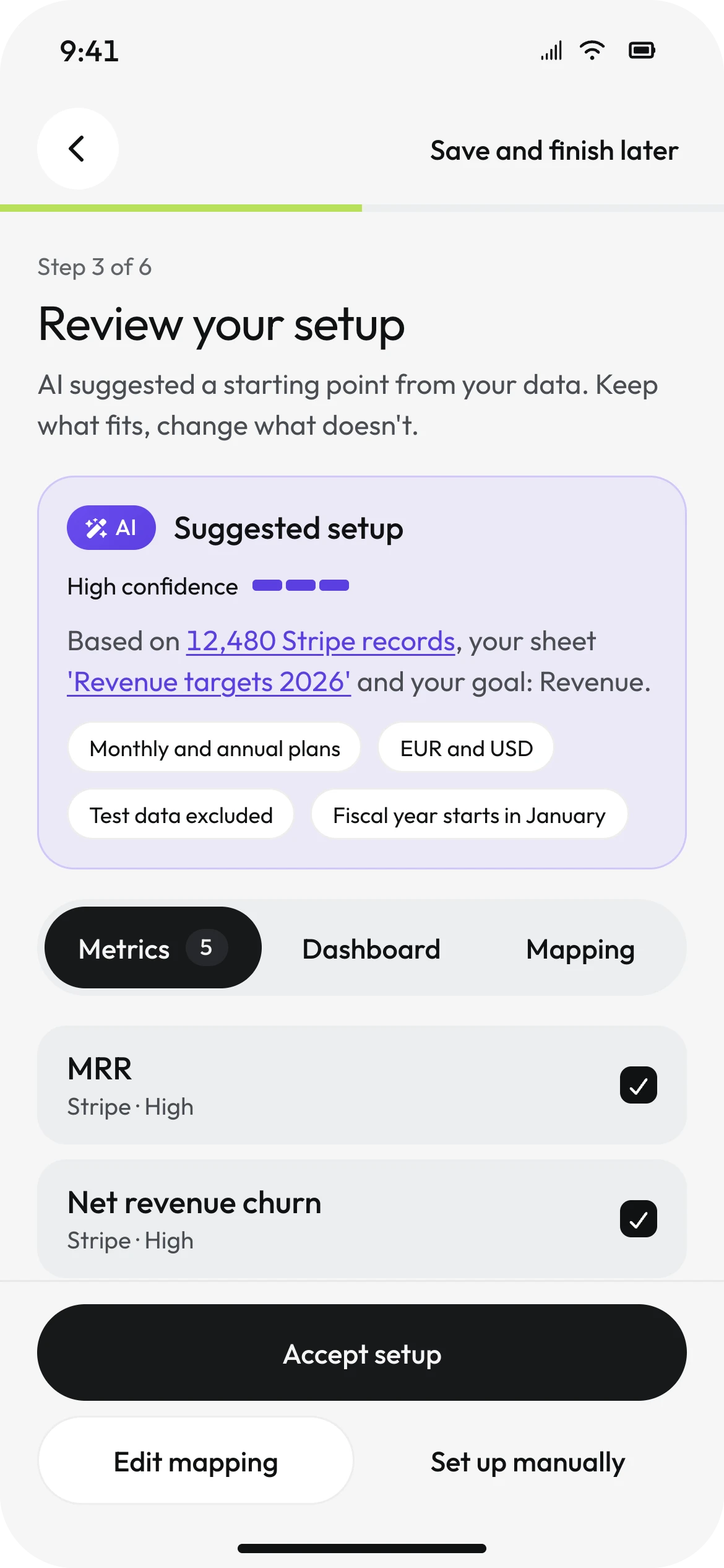 Mobile review: Suggested setup AI card with high confidence, sources as links and detected chips, then the metric list with Accept setup.