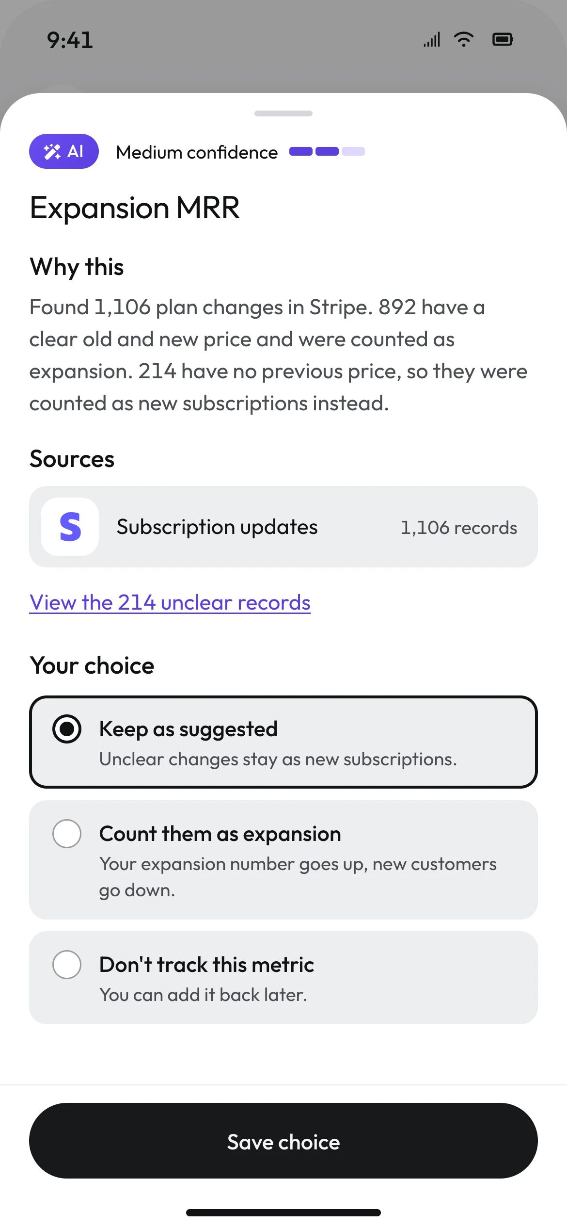 Mobile bottom sheet for Expansion MRR at medium confidence explaining the 214 unclear records, with three choices and Save choice.