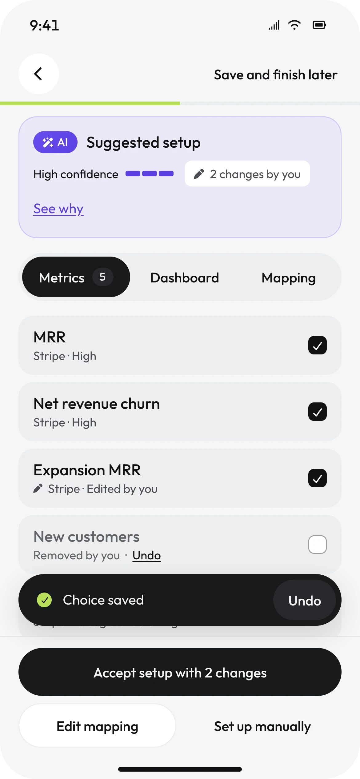 Mobile review after edits: Expansion MRR edited by you, New customers removed with Undo, a Choice saved toast and Accept setup with 2 changes.