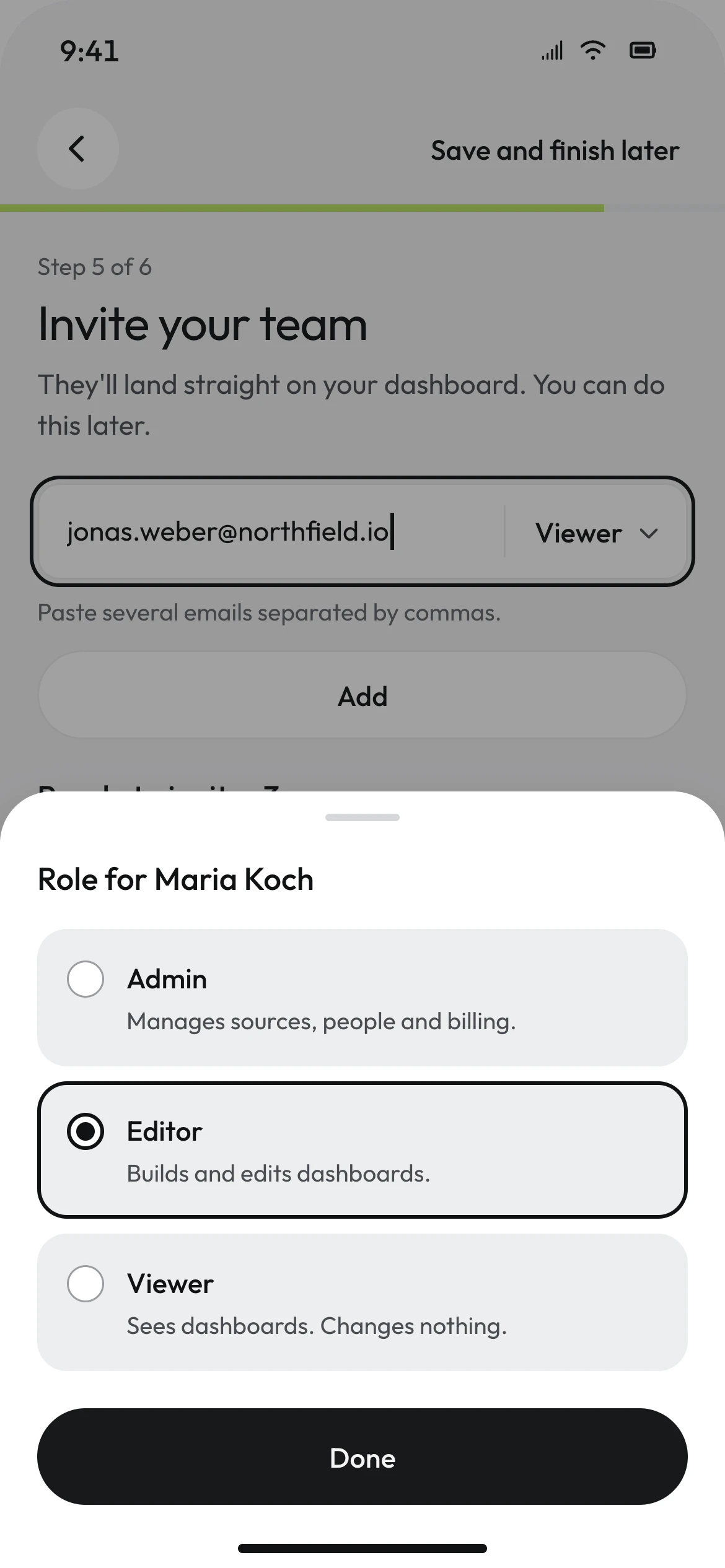 Role bottom sheet for Maria Koch with Admin, Editor selected, and Viewer, each with a one-line description.