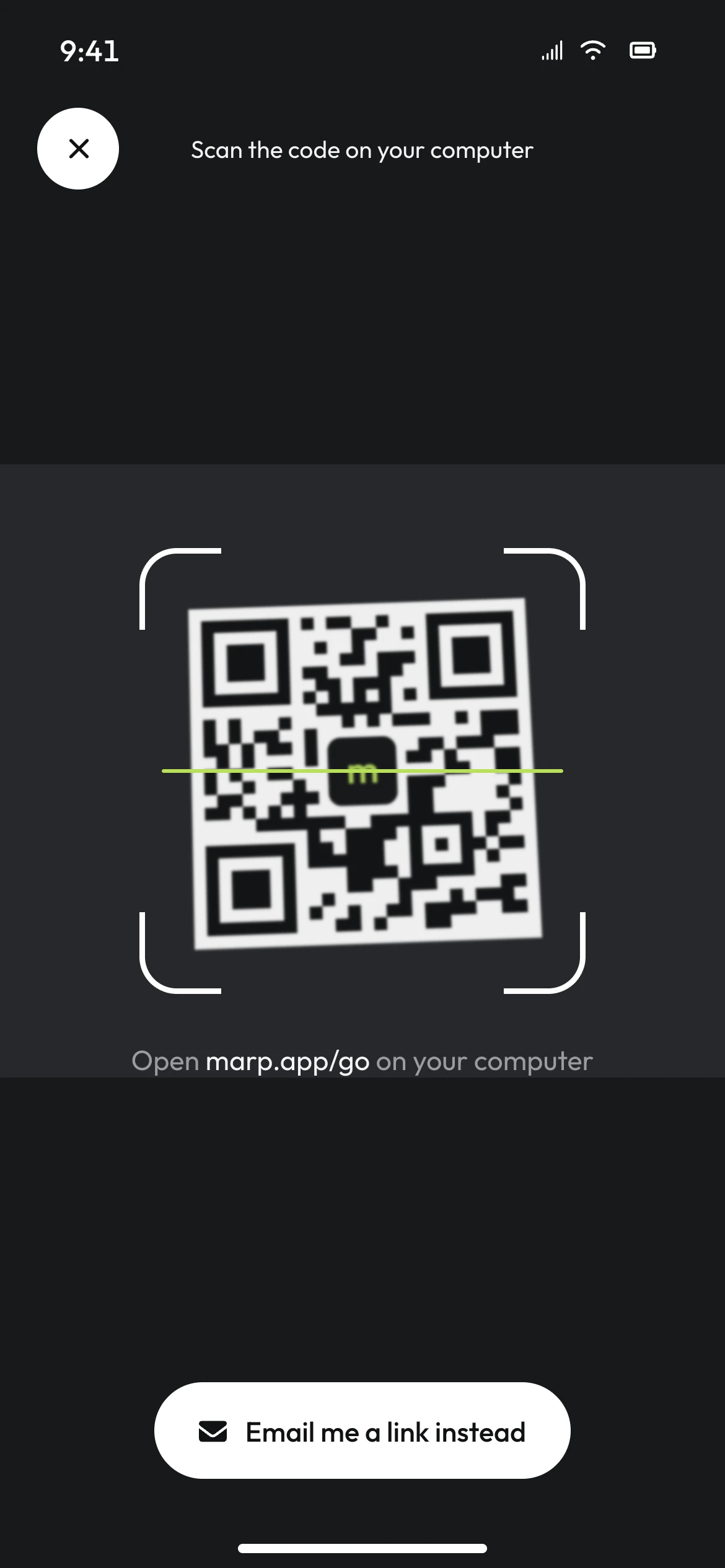 Camera scanner framing the QR code shown on the computer, with Open marp.app/go on your computer and Email me a link instead.
