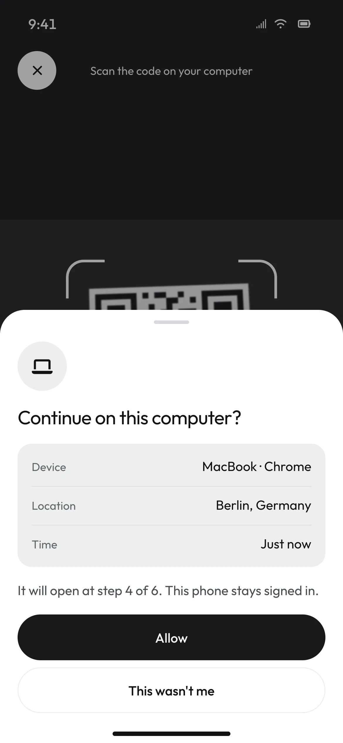 Continue on this computer? sheet showing device MacBook · Chrome, location Berlin, time just now, with equally sized Allow and This wasn't me buttons.