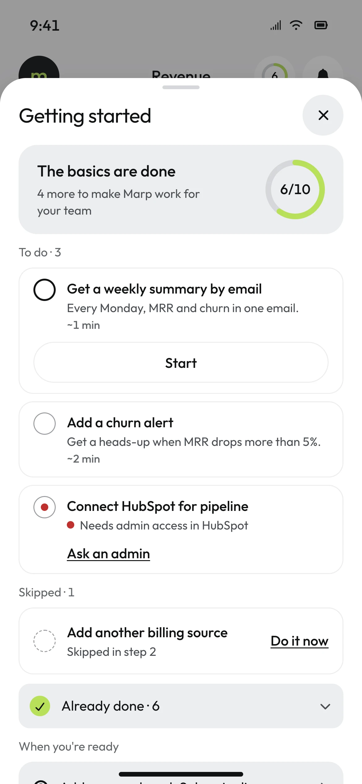 Mobile Getting started bottom sheet with the 6/10 ring, to-do items, the blocked HubSpot item with Ask an admin, and the skipped billing source.