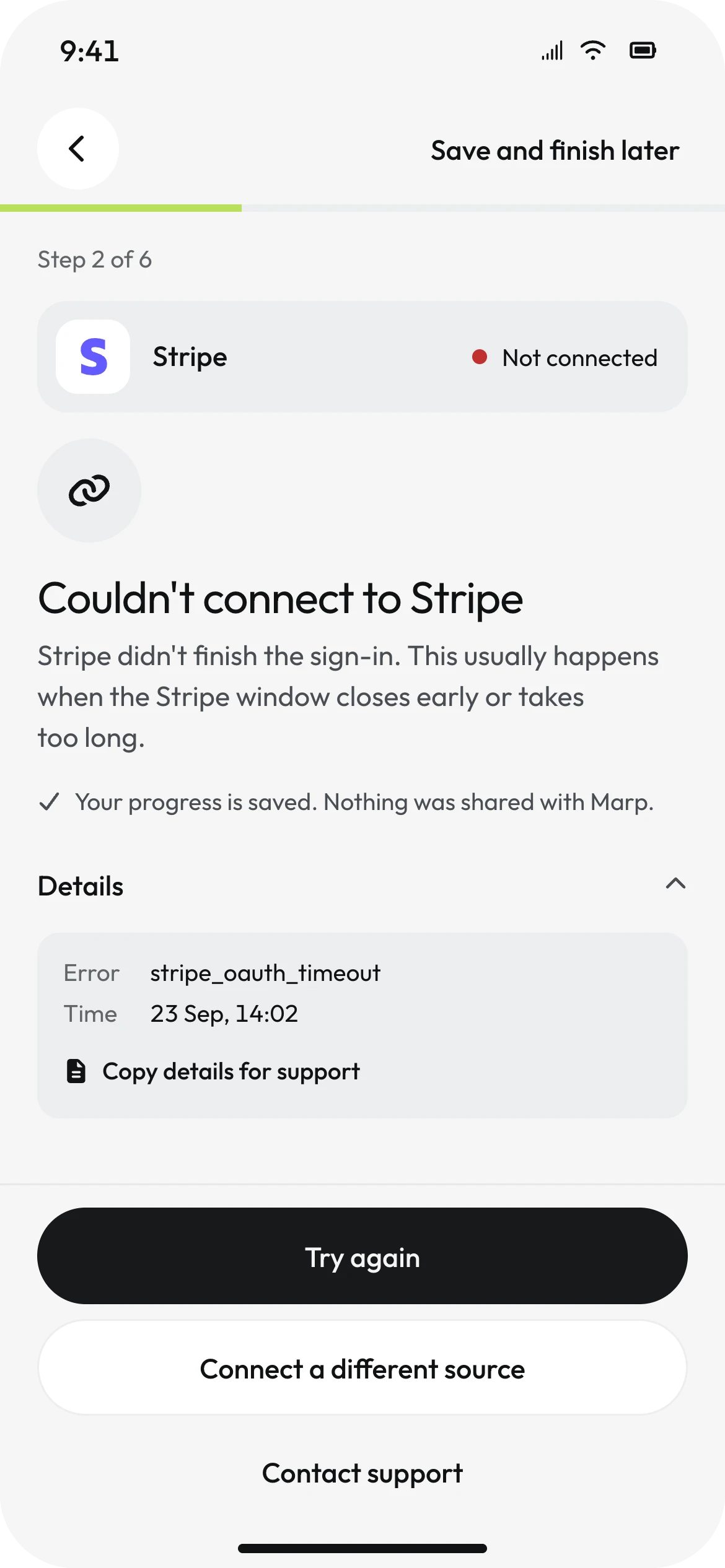 Couldn't connect to Stripe: the sign-in didn't finish, progress is saved, error details with stripe_oauth_timeout and Copy details for support, and Try again, Connect a different source and Contact support.