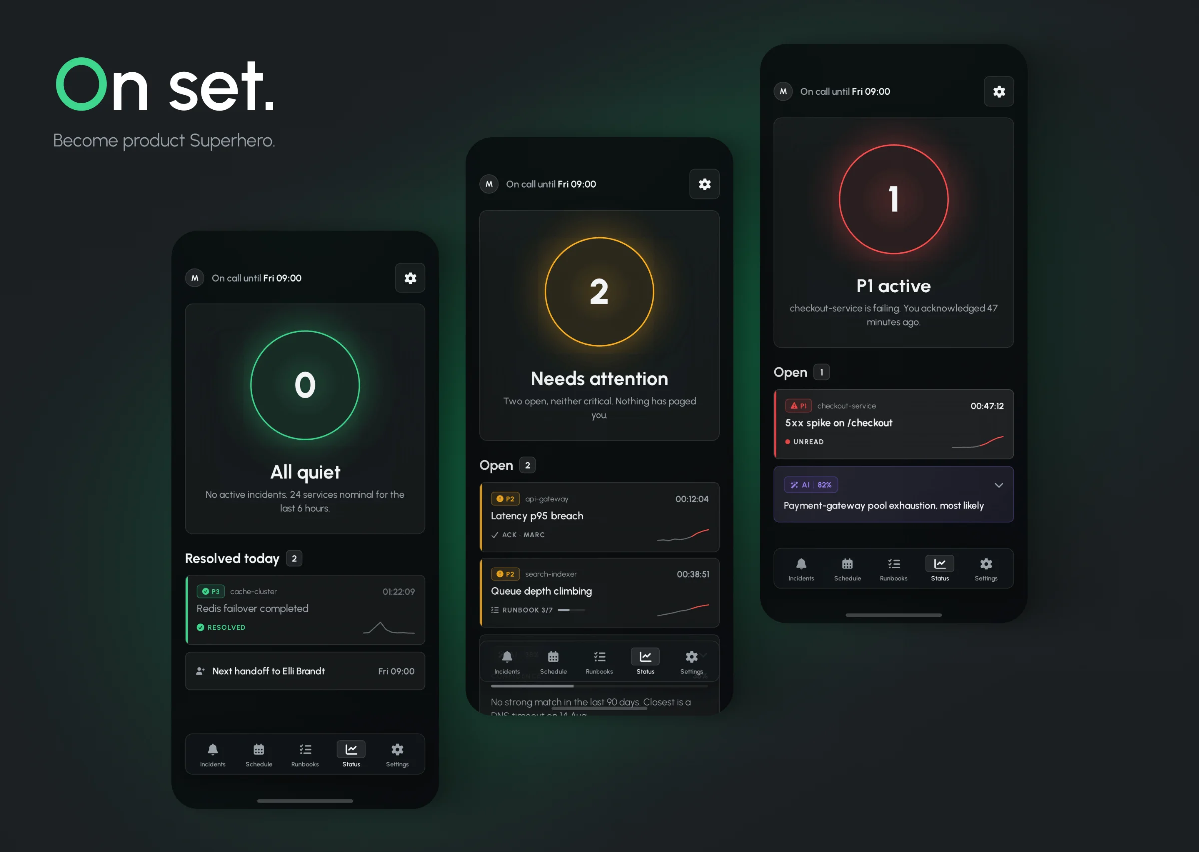 Three Onset status screens on a dark green-lit background: All quiet with a green ring, Needs attention with an amber ring showing 2, and P1 active with a red ring showing 1.