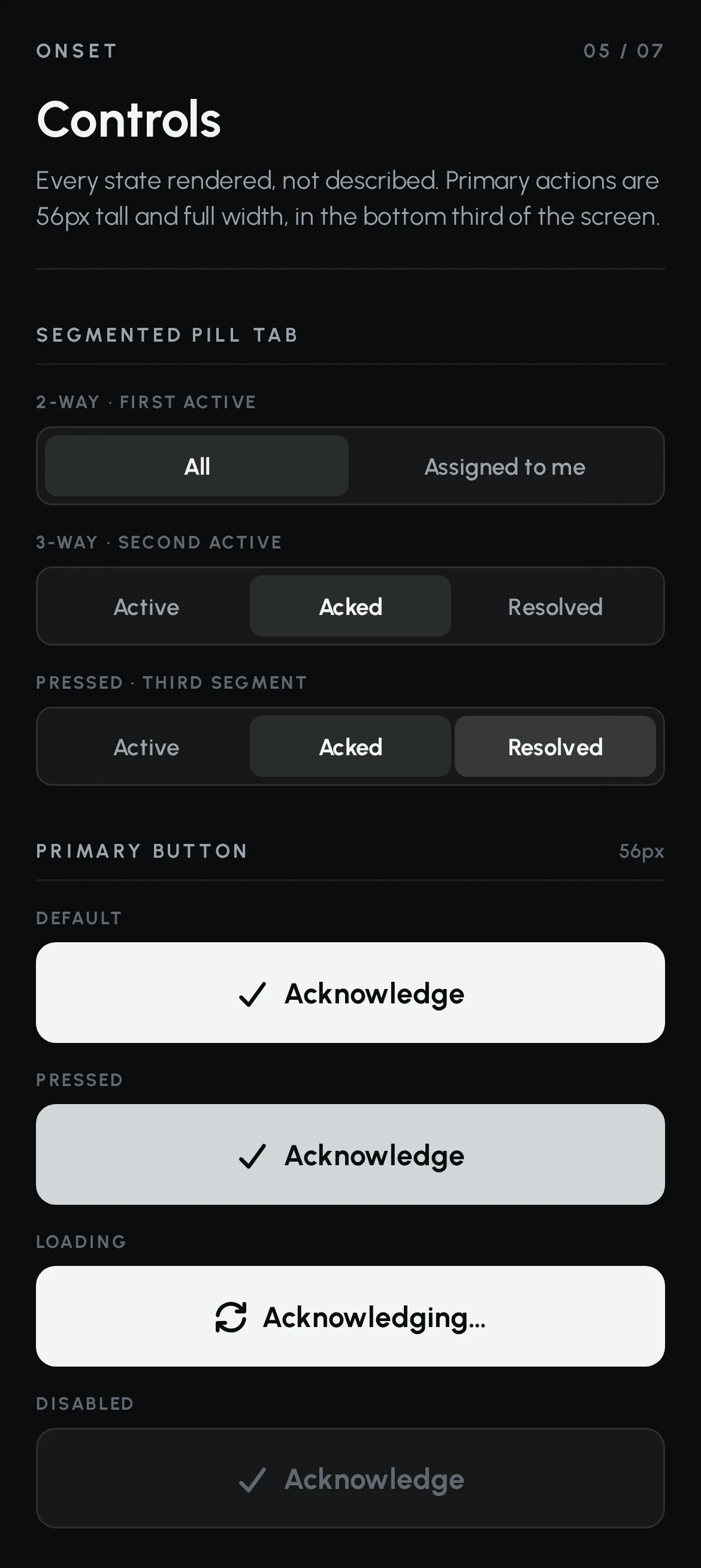 Controls board: segmented pill tabs in two-way and three-way variants, and the primary Acknowledge button in default, pressed, loading and disabled states.