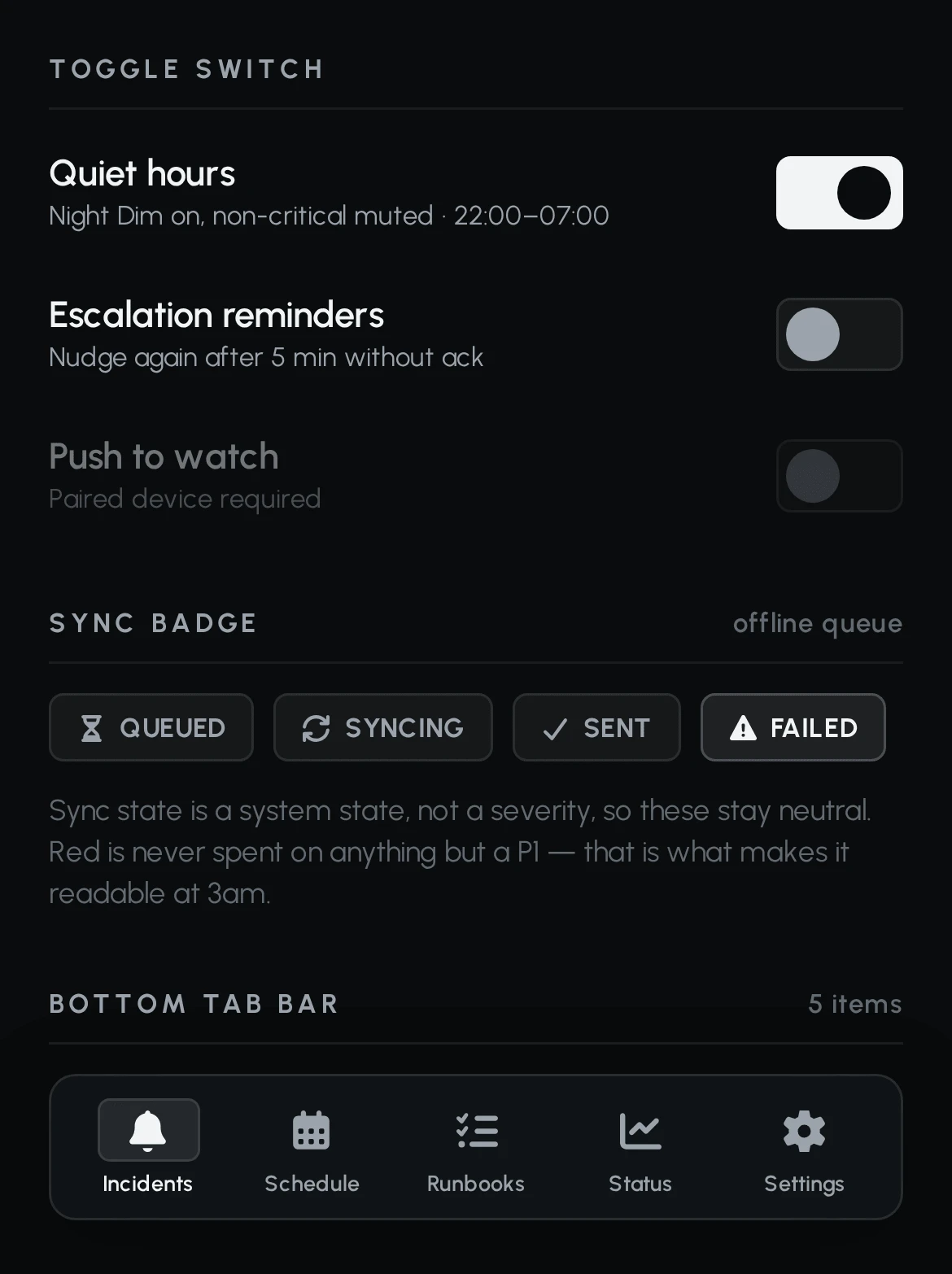 Controls board: toggle switches, sync badges for queued, syncing, sent and failed, and the five-item bottom tab bar.