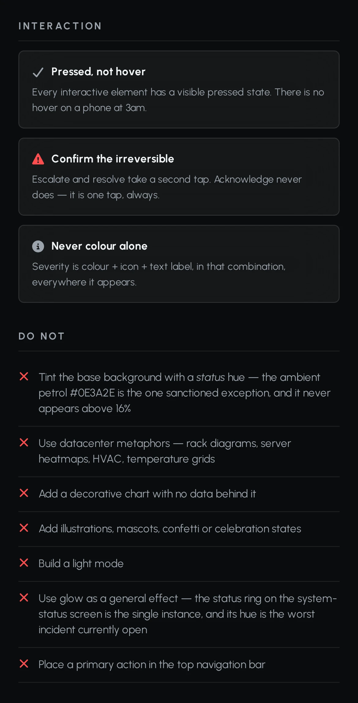 Touch rules board: interaction rules - pressed not hover, confirm the irreversible, never colour alone - and a Do not list.