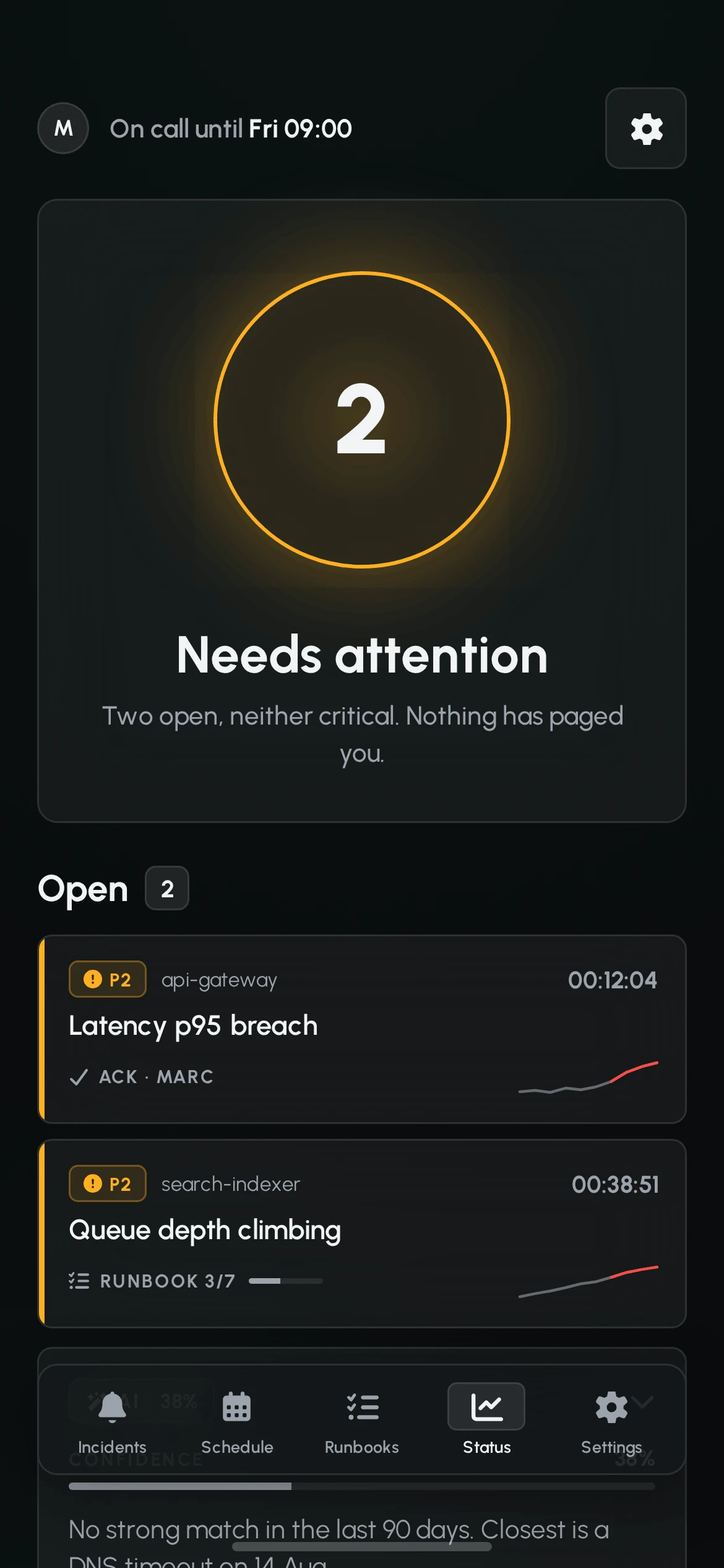 Status screen in needs attention state: an amber ring with the number 2, two open incidents neither critical, listing two P2 rows.