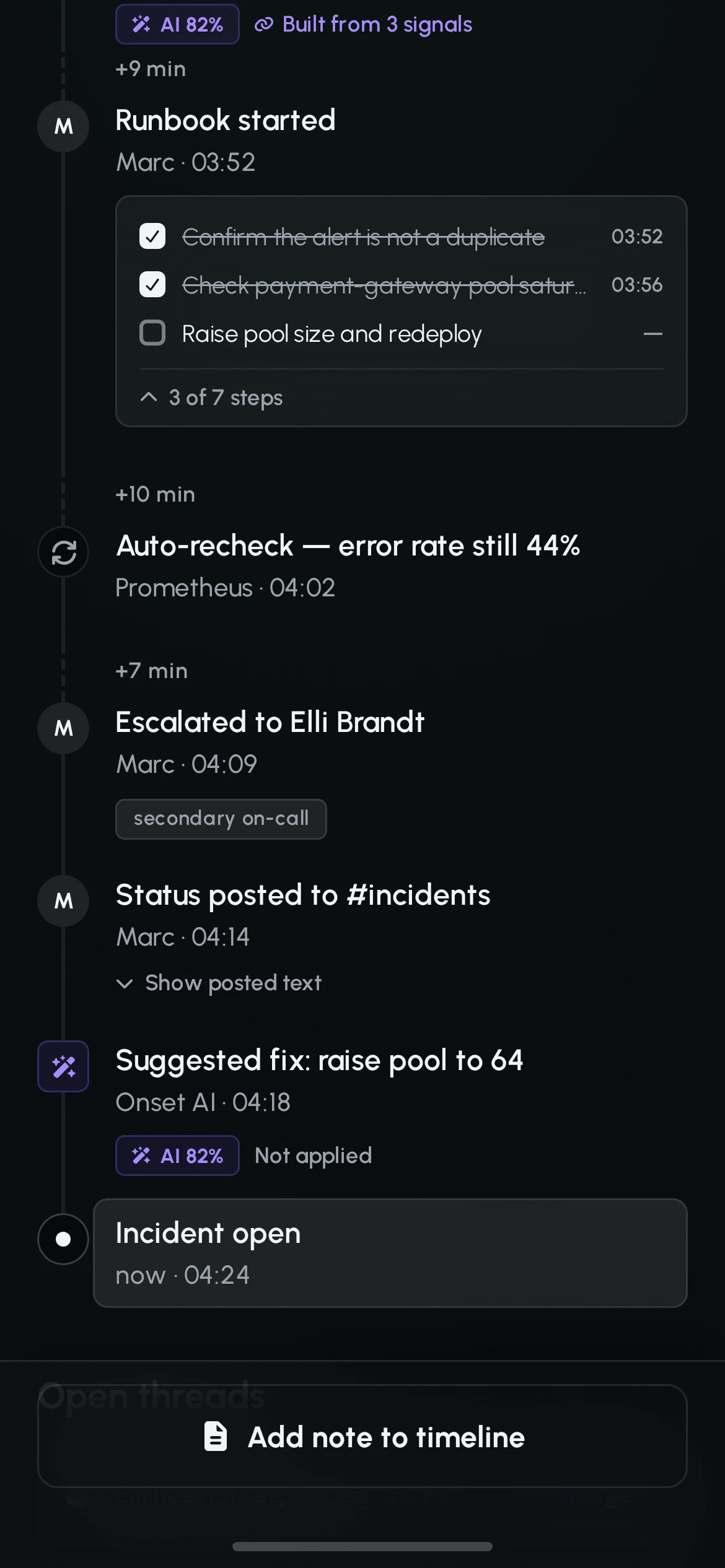 Timeline with the runbook entry expanded to 3 of 7 steps, then an auto-recheck, an escalation to Elli Brandt, a status post and an AI-suggested fix marked not applied, with +9, +10 and +7 minute gap labels.