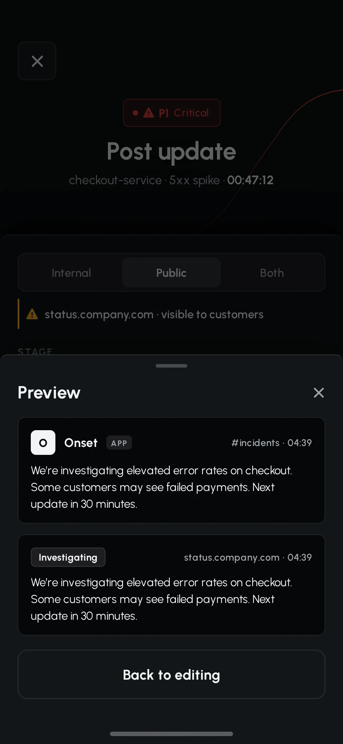 Preview sheet showing the same update twice, once as an Onset app message in #incidents and once as an Investigating entry on status.company.com, with a Back to editing button.