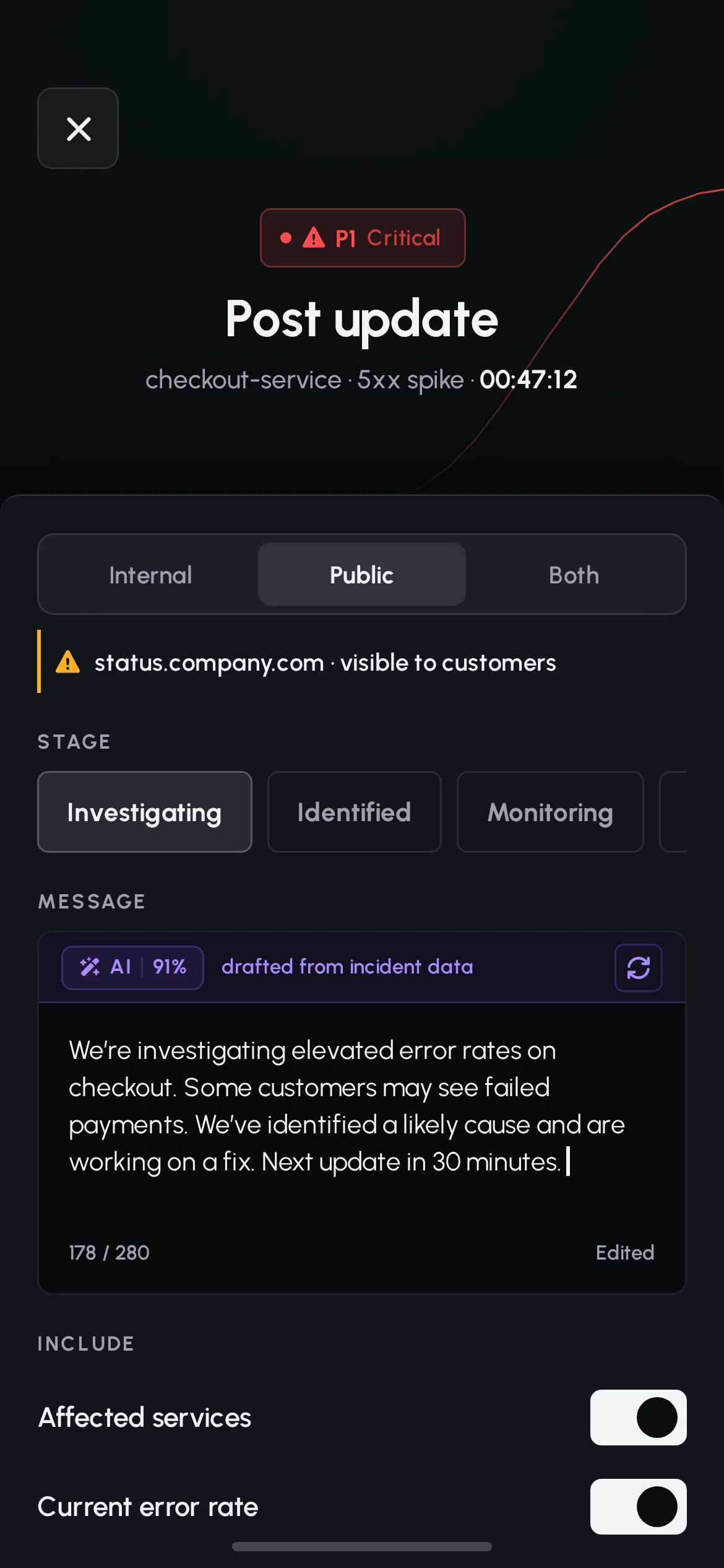 The same composer with Public selected: an amber warning line reads status.company.com, visible to customers, above the stage chips and the drafted message.