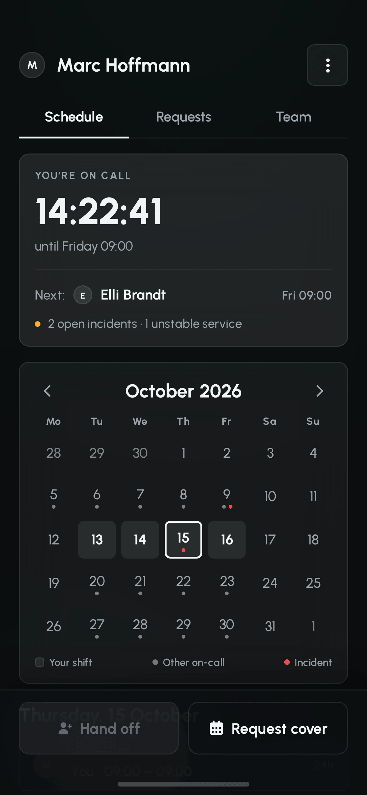 Schedule tab: You are on call card with 14:22:41 remaining until Friday 09:00, next on call Elli Brandt, 2 open incidents and 1 unstable service, and an October 2026 calendar marking shifts and incidents.