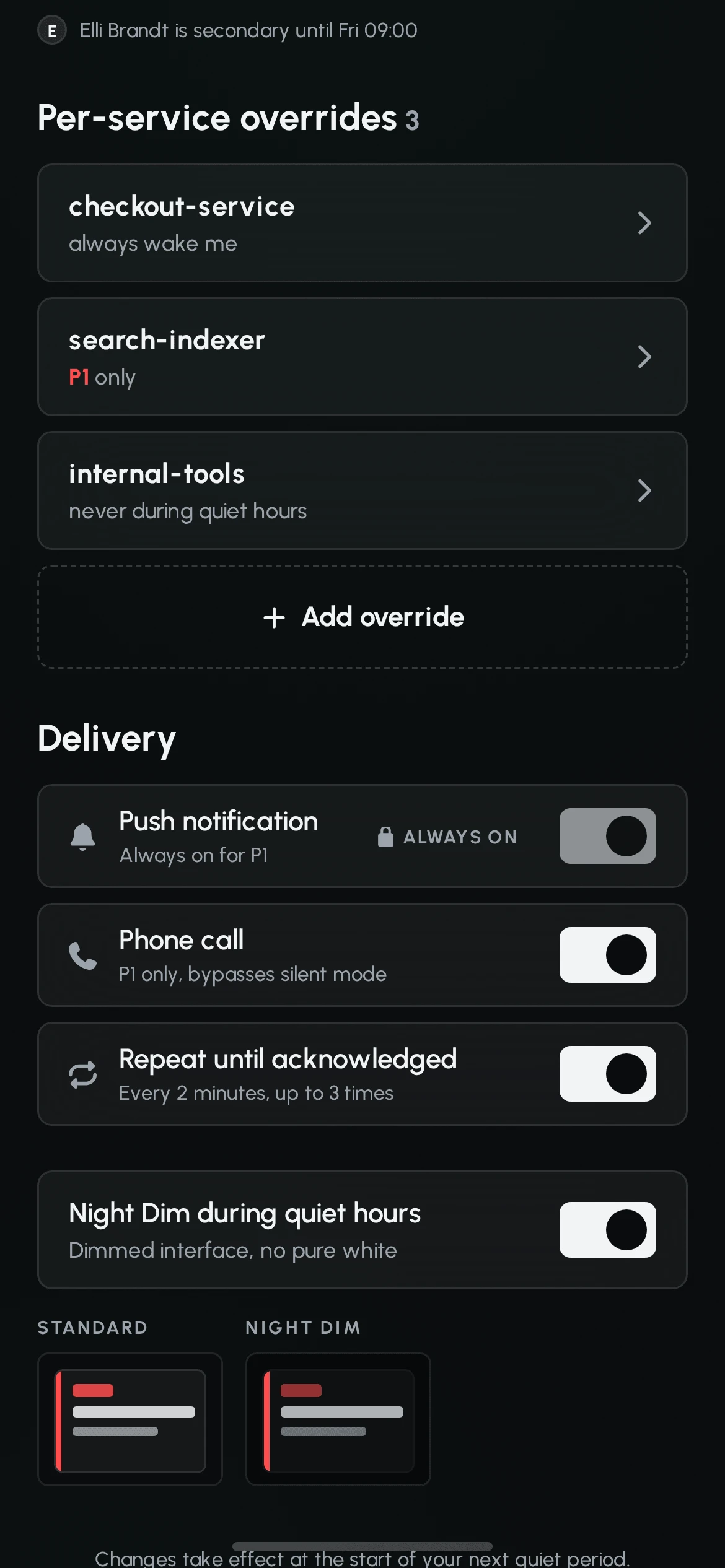 Quiet hours continued: per-service overrides, delivery options for push, phone call and repeat until acknowledged, and the Night Dim toggle with a standard versus dimmed preview.