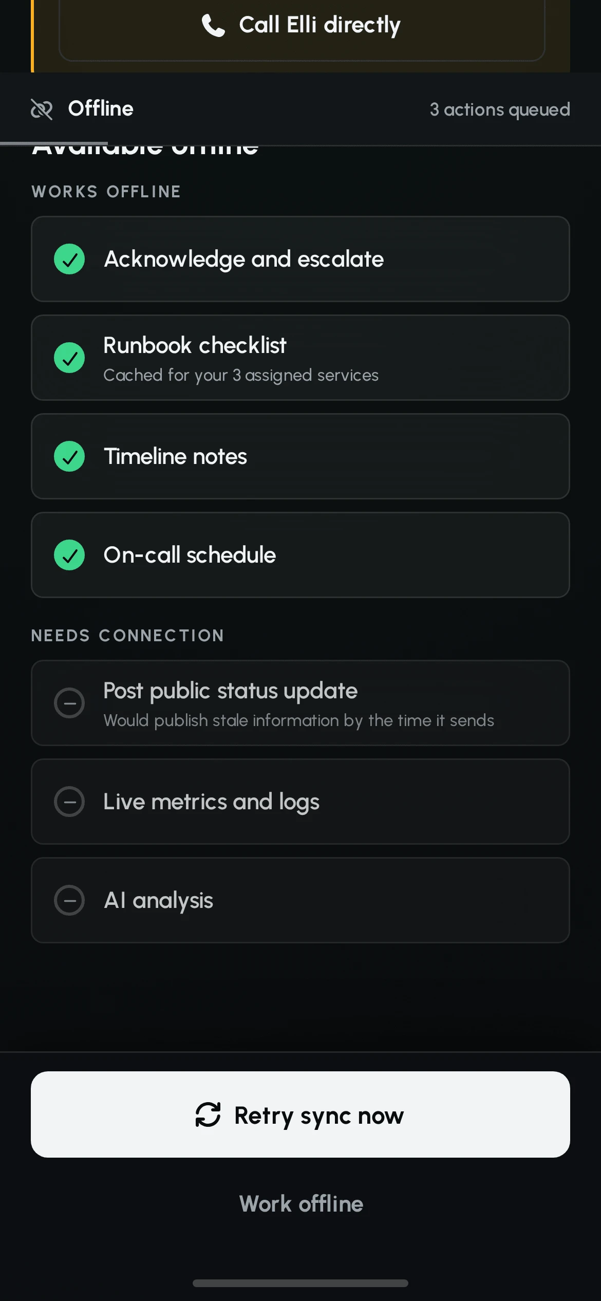 Available offline list: acknowledge and escalate, runbook checklist cached for 3 services, timeline notes and on-call schedule work offline; post public status update, live metrics and logs and AI analysis need a connection.